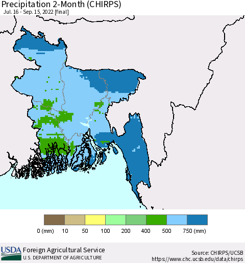 Bangladesh Precipitation 2-Month (CHIRPS) Thematic Map For 7/16/2022 - 9/15/2022