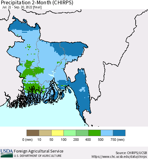Bangladesh Precipitation 2-Month (CHIRPS) Thematic Map For 7/21/2022 - 9/20/2022