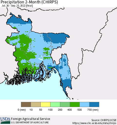 Bangladesh Precipitation 2-Month (CHIRPS) Thematic Map For 7/26/2022 - 9/25/2022