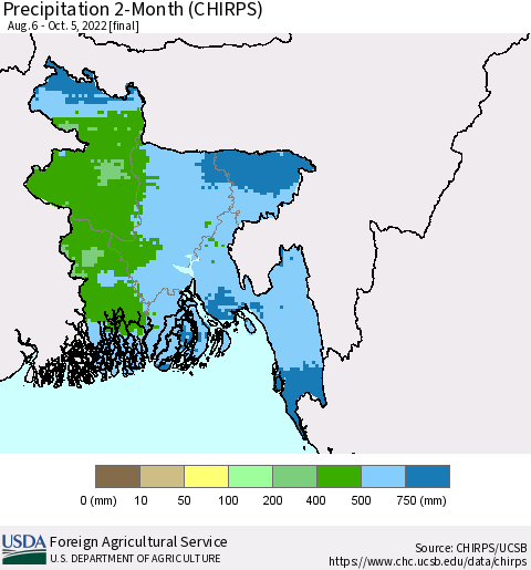 Bangladesh Precipitation 2-Month (CHIRPS) Thematic Map For 8/6/2022 - 10/5/2022