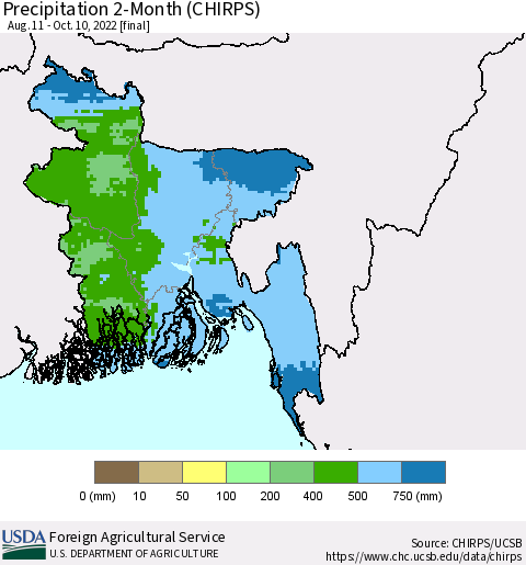 Bangladesh Precipitation 2-Month (CHIRPS) Thematic Map For 8/11/2022 - 10/10/2022