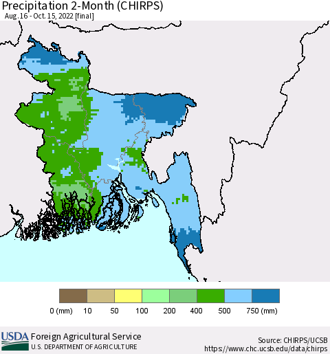 Bangladesh Precipitation 2-Month (CHIRPS) Thematic Map For 8/16/2022 - 10/15/2022
