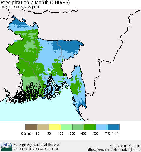 Bangladesh Precipitation 2-Month (CHIRPS) Thematic Map For 8/21/2022 - 10/20/2022