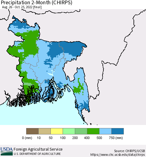 Bangladesh Precipitation 2-Month (CHIRPS) Thematic Map For 8/26/2022 - 10/25/2022