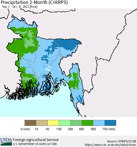 Bangladesh Precipitation 2-Month (CHIRPS) Thematic Map For 9/1/2022 - 10/31/2022