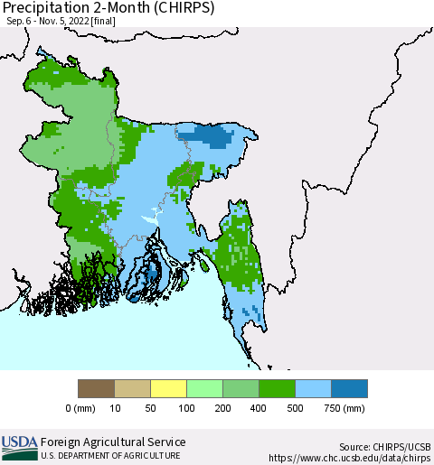 Bangladesh Precipitation 2-Month (CHIRPS) Thematic Map For 9/6/2022 - 11/5/2022