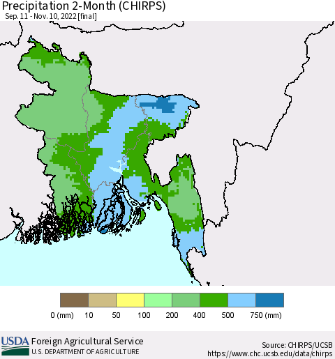 Bangladesh Precipitation 2-Month (CHIRPS) Thematic Map For 9/11/2022 - 11/10/2022