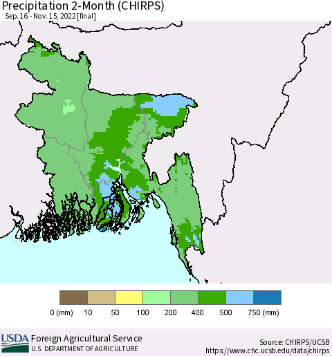 Bangladesh Precipitation 2-Month (CHIRPS) Thematic Map For 9/16/2022 - 11/15/2022