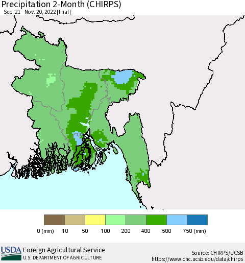Bangladesh Precipitation 2-Month (CHIRPS) Thematic Map For 9/21/2022 - 11/20/2022