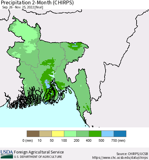 Bangladesh Precipitation 2-Month (CHIRPS) Thematic Map For 9/26/2022 - 11/25/2022