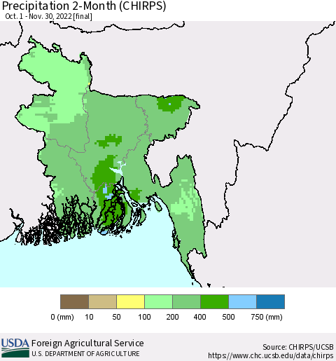 Bangladesh Precipitation 2-Month (CHIRPS) Thematic Map For 10/1/2022 - 11/30/2022