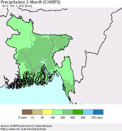 Bangladesh Precipitation 2-Month (CHIRPS) Thematic Map For 10/6/2022 - 12/5/2022