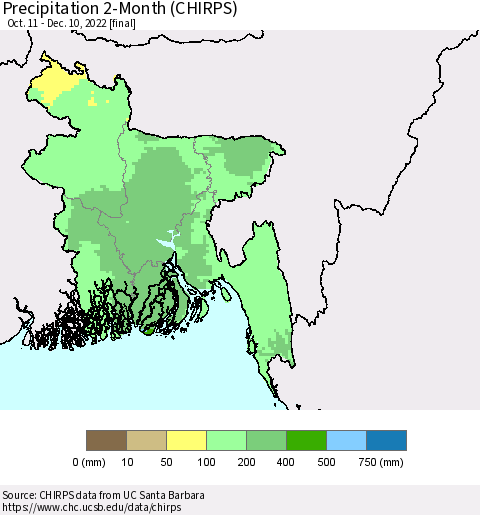 Bangladesh Precipitation 2-Month (CHIRPS) Thematic Map For 10/11/2022 - 12/10/2022