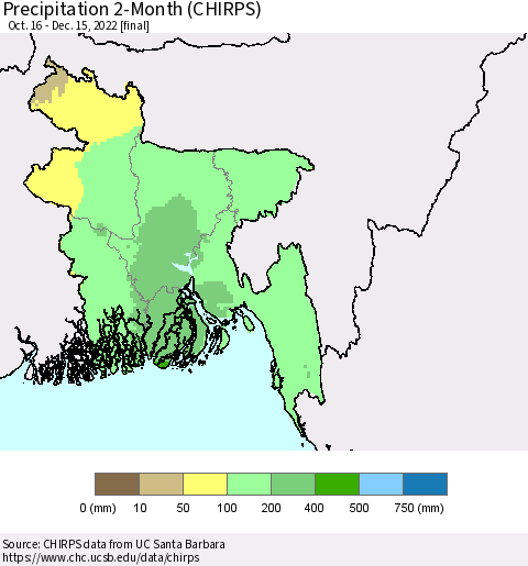 Bangladesh Precipitation 2-Month (CHIRPS) Thematic Map For 10/16/2022 - 12/15/2022