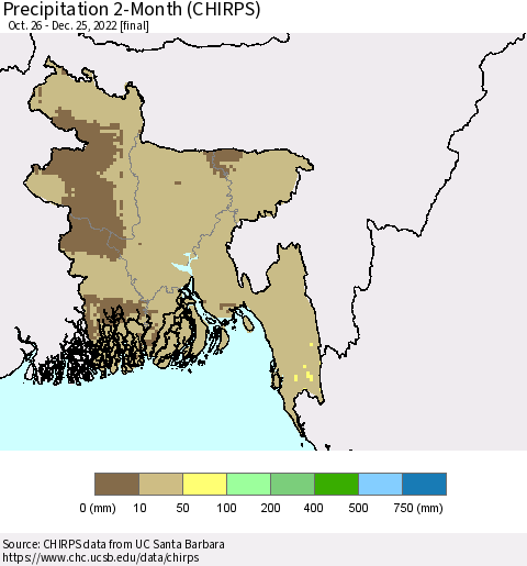 Bangladesh Precipitation 2-Month (CHIRPS) Thematic Map For 10/26/2022 - 12/25/2022