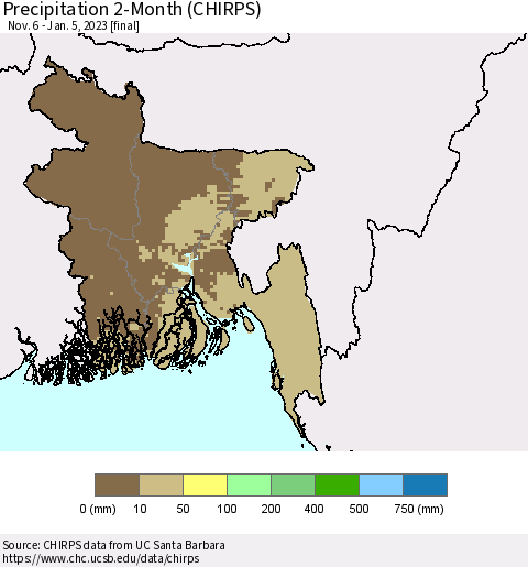 Bangladesh Precipitation 2-Month (CHIRPS) Thematic Map For 11/6/2022 - 1/5/2023