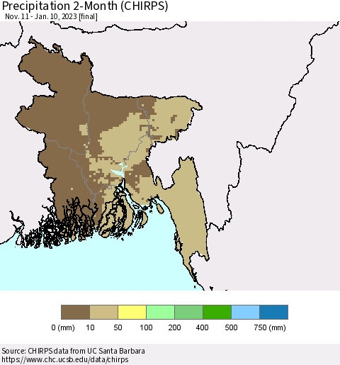 Bangladesh Precipitation 2-Month (CHIRPS) Thematic Map For 11/11/2022 - 1/10/2023