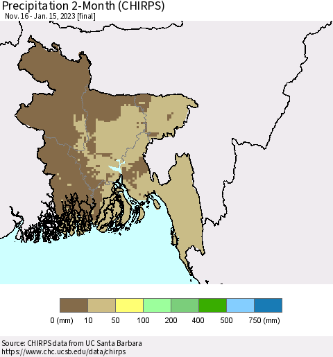 Bangladesh Precipitation 2-Month (CHIRPS) Thematic Map For 11/16/2022 - 1/15/2023