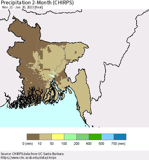 Bangladesh Precipitation 2-Month (CHIRPS) Thematic Map For 11/21/2022 - 1/20/2023