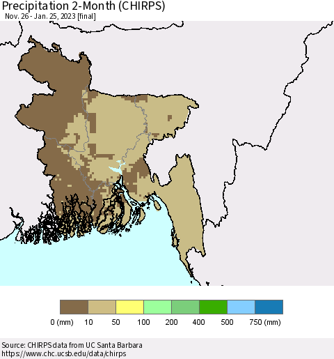 Bangladesh Precipitation 2-Month (CHIRPS) Thematic Map For 11/26/2022 - 1/25/2023
