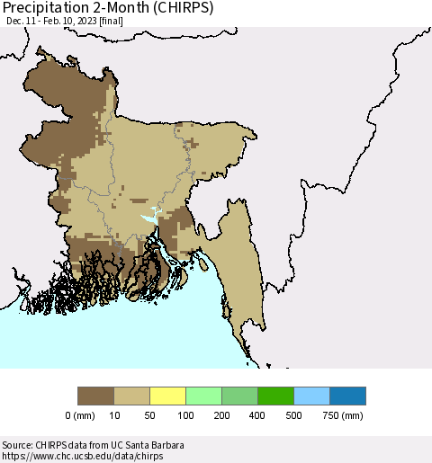 Bangladesh Precipitation 2-Month (CHIRPS) Thematic Map For 12/11/2022 - 2/10/2023