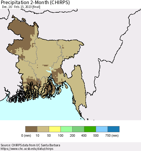 Bangladesh Precipitation 2-Month (CHIRPS) Thematic Map For 12/16/2022 - 2/15/2023