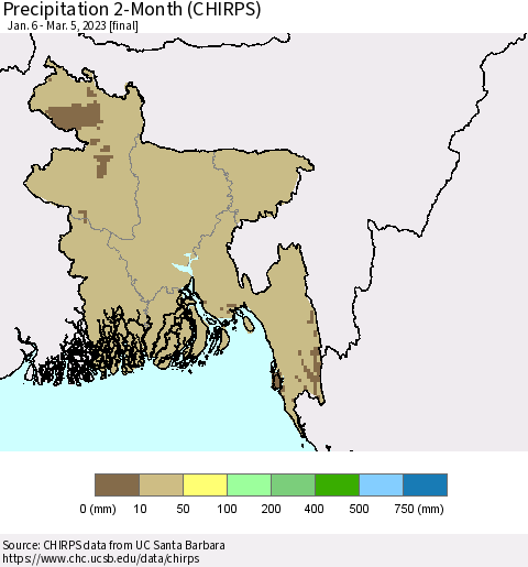 Bangladesh Precipitation 2-Month (CHIRPS) Thematic Map For 1/6/2023 - 3/5/2023