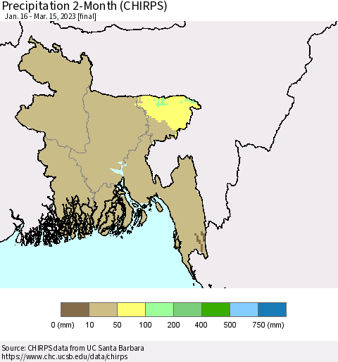 Bangladesh Precipitation 2-Month (CHIRPS) Thematic Map For 1/16/2023 - 3/15/2023