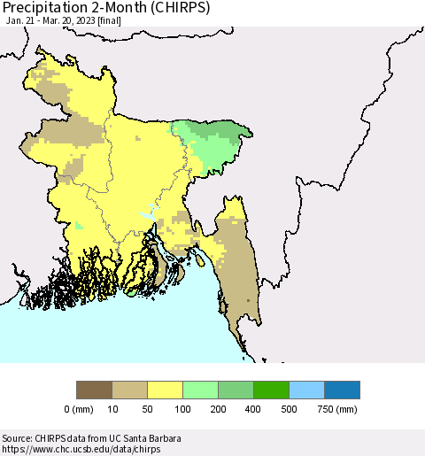 Bangladesh Precipitation 2-Month (CHIRPS) Thematic Map For 1/21/2023 - 3/20/2023