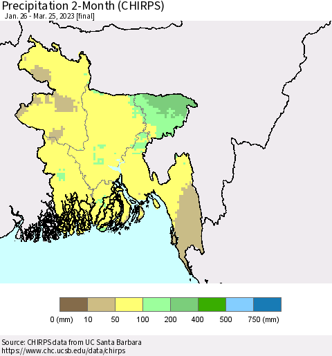 Bangladesh Precipitation 2-Month (CHIRPS) Thematic Map For 1/26/2023 - 3/25/2023