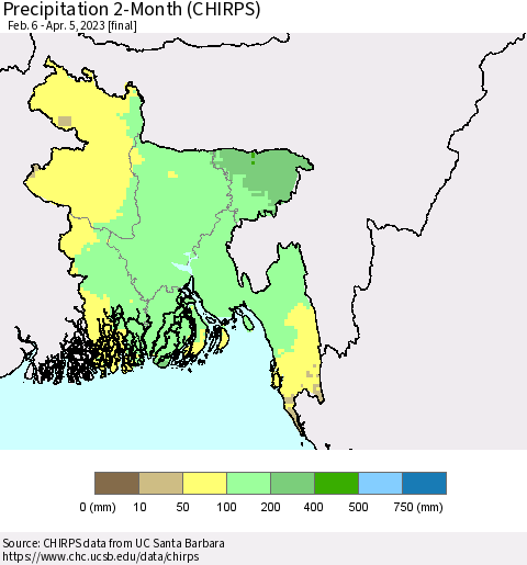 Bangladesh Precipitation 2-Month (CHIRPS) Thematic Map For 2/6/2023 - 4/5/2023