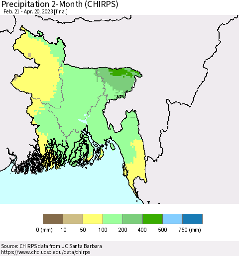 Bangladesh Precipitation 2-Month (CHIRPS) Thematic Map For 2/21/2023 - 4/20/2023