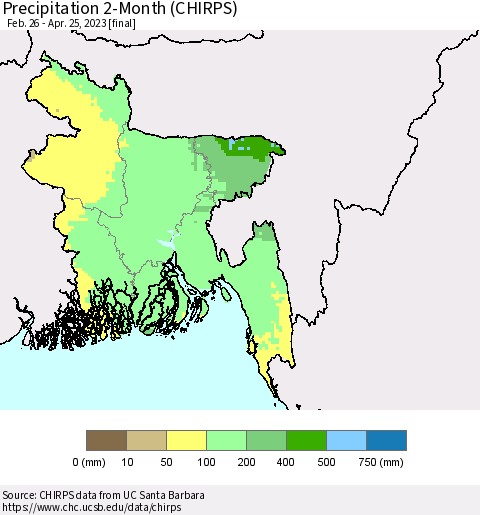 Bangladesh Precipitation 2-Month (CHIRPS) Thematic Map For 2/26/2023 - 4/25/2023