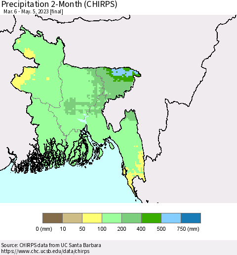 Bangladesh Precipitation 2-Month (CHIRPS) Thematic Map For 3/6/2023 - 5/5/2023