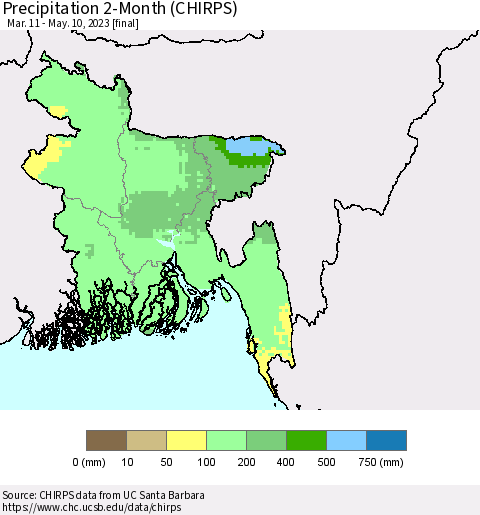 Bangladesh Precipitation 2-Month (CHIRPS) Thematic Map For 3/11/2023 - 5/10/2023
