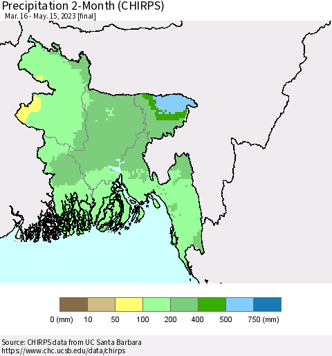 Bangladesh Precipitation 2-Month (CHIRPS) Thematic Map For 3/16/2023 - 5/15/2023