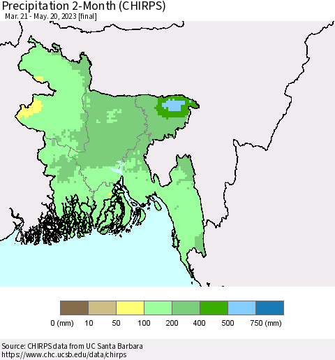 Bangladesh Precipitation 2-Month (CHIRPS) Thematic Map For 3/21/2023 - 5/20/2023