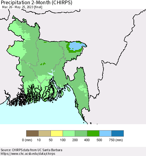 Bangladesh Precipitation 2-Month (CHIRPS) Thematic Map For 3/26/2023 - 5/25/2023