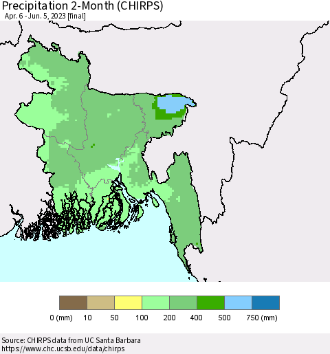 Bangladesh Precipitation 2-Month (CHIRPS) Thematic Map For 4/6/2023 - 6/5/2023