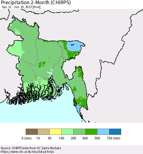 Bangladesh Precipitation 2-Month (CHIRPS) Thematic Map For 4/11/2023 - 6/10/2023