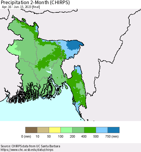 Bangladesh Precipitation 2-Month (CHIRPS) Thematic Map For 4/16/2023 - 6/15/2023