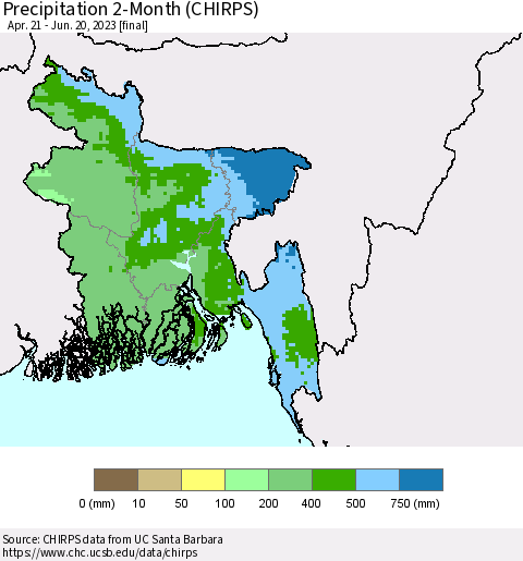 Bangladesh Precipitation 2-Month (CHIRPS) Thematic Map For 4/21/2023 - 6/20/2023