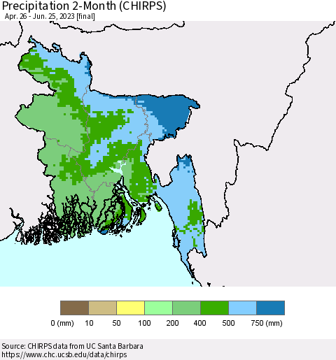 Bangladesh Precipitation 2-Month (CHIRPS) Thematic Map For 4/26/2023 - 6/25/2023