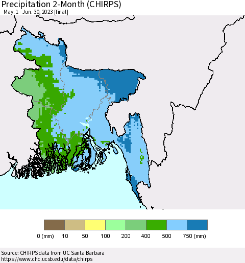 Bangladesh Precipitation 2-Month (CHIRPS) Thematic Map For 5/1/2023 - 6/30/2023