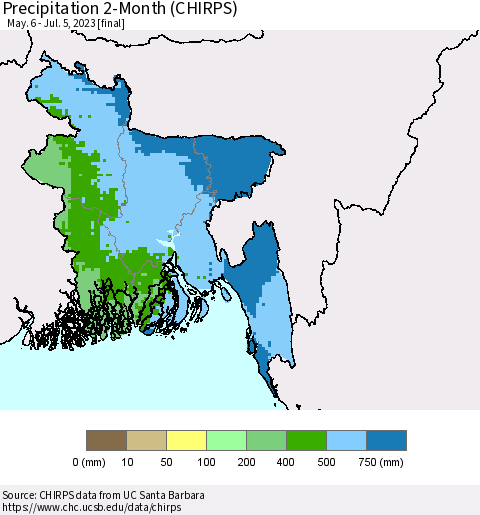 Bangladesh Precipitation 2-Month (CHIRPS) Thematic Map For 5/6/2023 - 7/5/2023