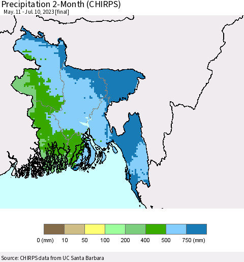 Bangladesh Precipitation 2-Month (CHIRPS) Thematic Map For 5/11/2023 - 7/10/2023