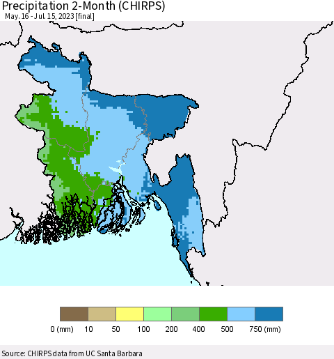 Bangladesh Precipitation 2-Month (CHIRPS) Thematic Map For 5/16/2023 - 7/15/2023