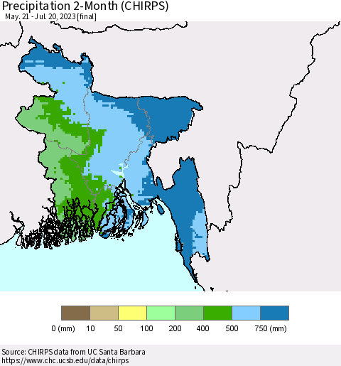 Bangladesh Precipitation 2-Month (CHIRPS) Thematic Map For 5/21/2023 - 7/20/2023