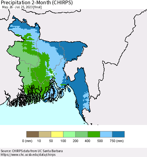 Bangladesh Precipitation 2-Month (CHIRPS) Thematic Map For 5/26/2023 - 7/25/2023