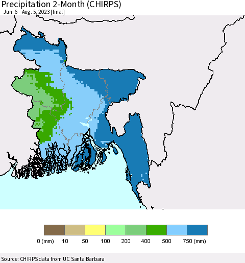 Bangladesh Precipitation 2-Month (CHIRPS) Thematic Map For 6/6/2023 - 8/5/2023